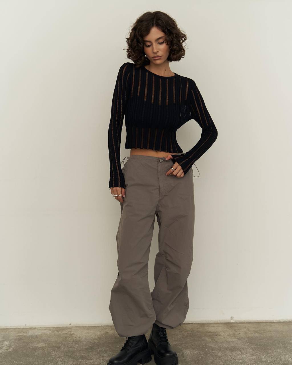 Sheer Long Sleeve Top - Black/Olive