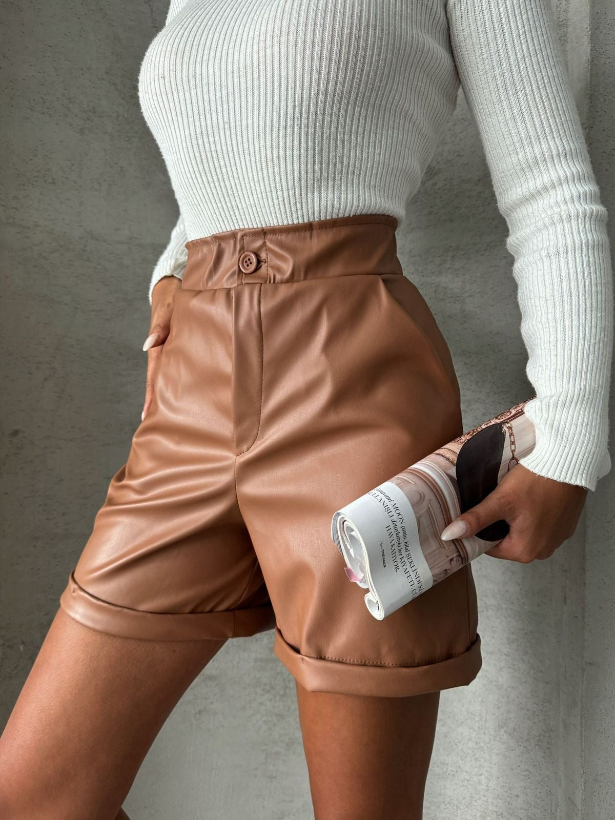 Leather Mini Shorts - Camel