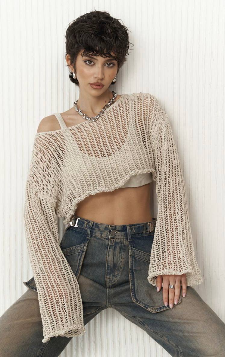 Crochet Crop Top -Beige/Black