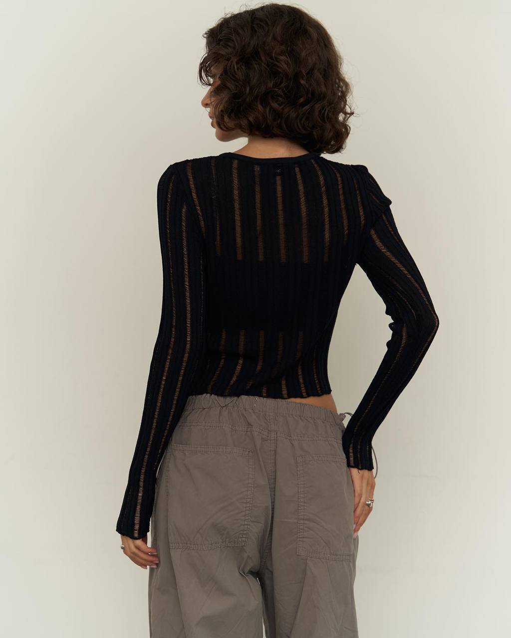 Sheer Long Sleeve Top - Black/Olive