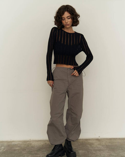 Sheer Long Sleeve Top - Black/Olive