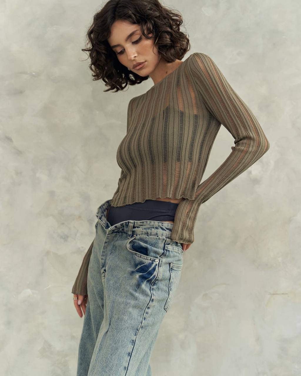 Sheer Long Sleeve Top - Black/Olive