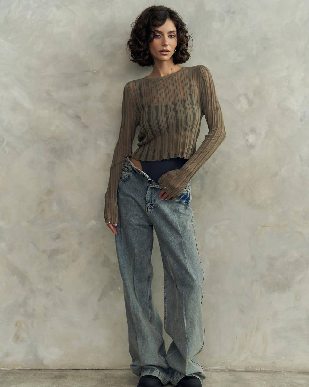 Sheer Long Sleeve Top - Black/Olive