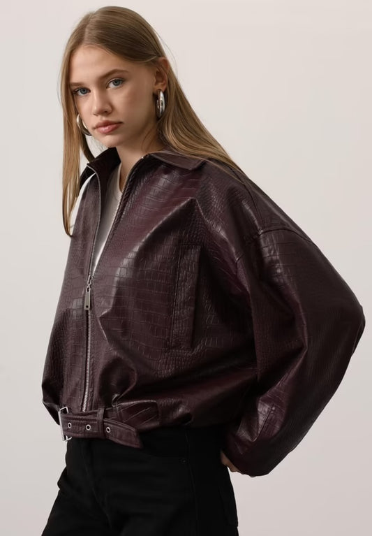 Bomber Leather Jacket - Burgundy